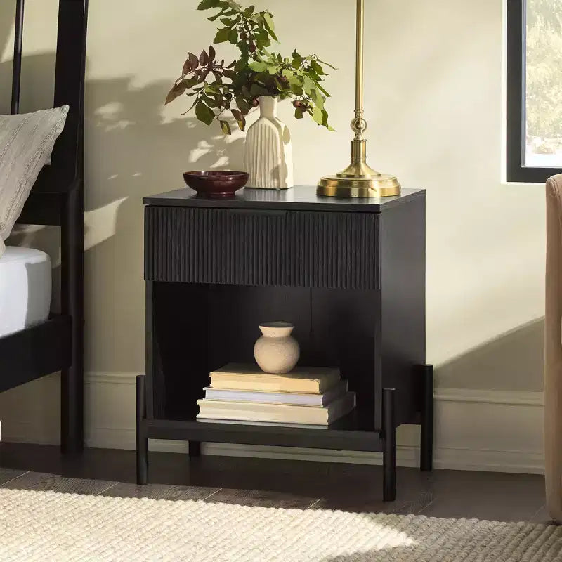 Modern Fluted-Drawer Nightstand with Open Cubby C Black