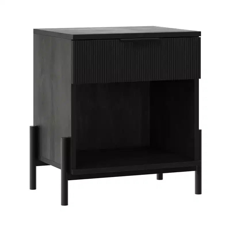 Modern Fluted-Drawer Nightstand with Open Cubby C Black