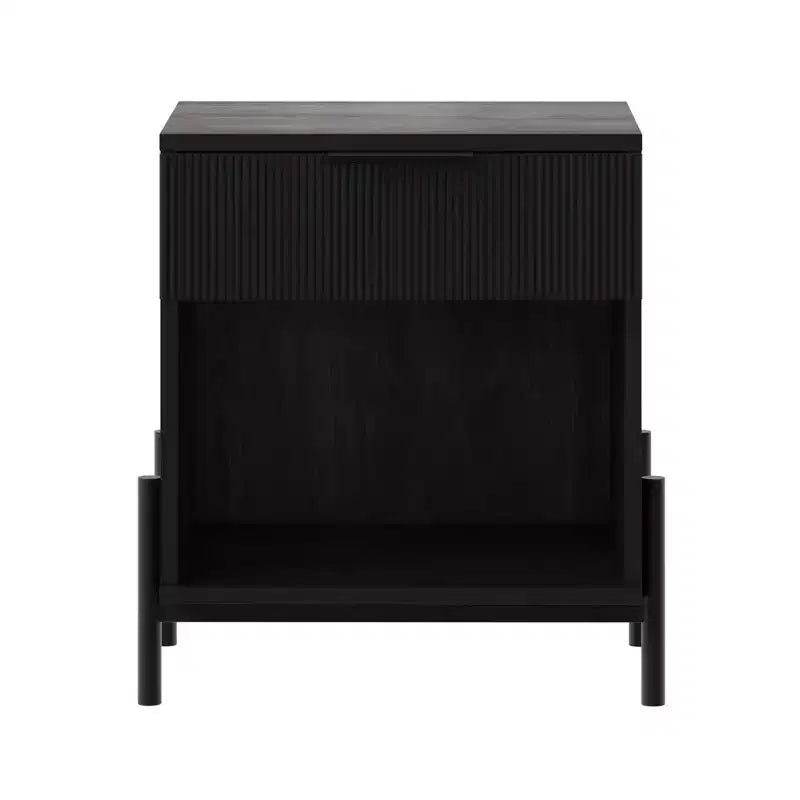 Modern Fluted-Drawer Nightstand with Open Cubby C Black