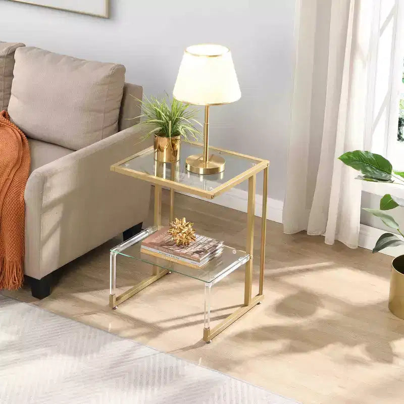Modern C-Shape 2-Tier Side Table with Glass Tabletop and Shelf, End Table with Metal Frame, Couch Table for Living Room, Bedroom, Gold