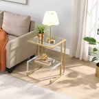 Table d'appoint moderne en C à 2 niveaux avec plateau et étagère en verre, table d'appoint avec cadre en métal, table de canapé pour salon, chambre, doré