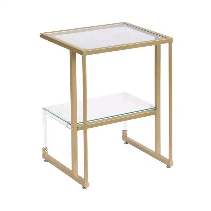 Modern C-Shape 2-Tier Side Table with Glass Tabletop and Shelf, End Table with Metal Frame, Couch Table for Living Room, Bedroom, Gold