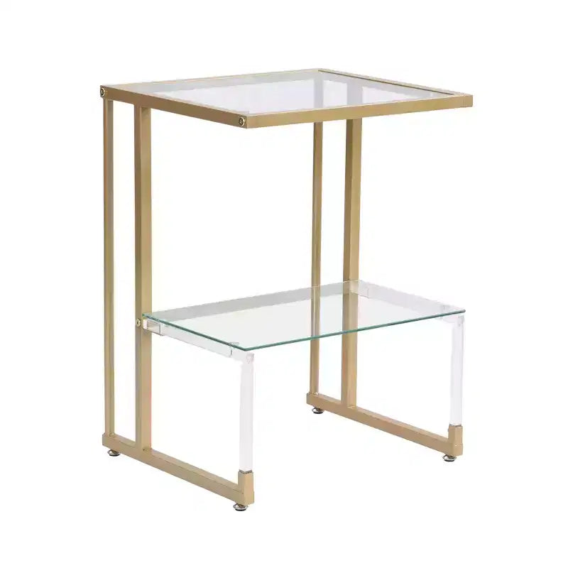 Modern C-Shape 2-Tier Side Table with Glass Tabletop and Shelf, End Table with Metal Frame, Couch Table for Living Room, Bedroom, Gold