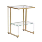 Table d'appoint moderne en C à 2 niveaux avec plateau et étagère en verre, table d'appoint avec cadre en métal, table de canapé pour salon, chambre, doré