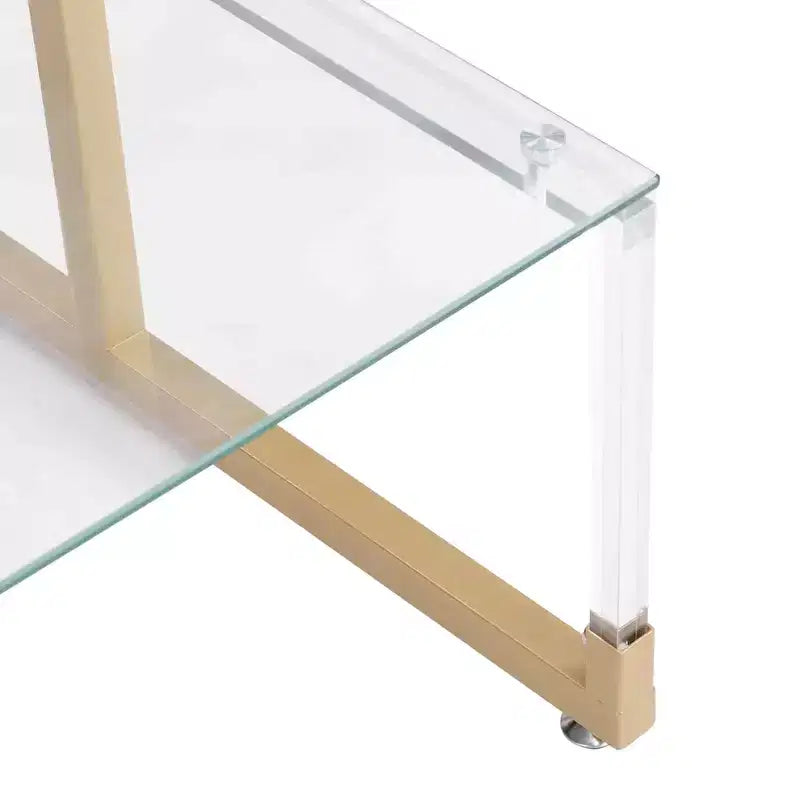 Modern C-Shape 2-Tier Side Table with Glass Tabletop and Shelf, End Table with Metal Frame, Couch Table for Living Room, Bedroom, Gold