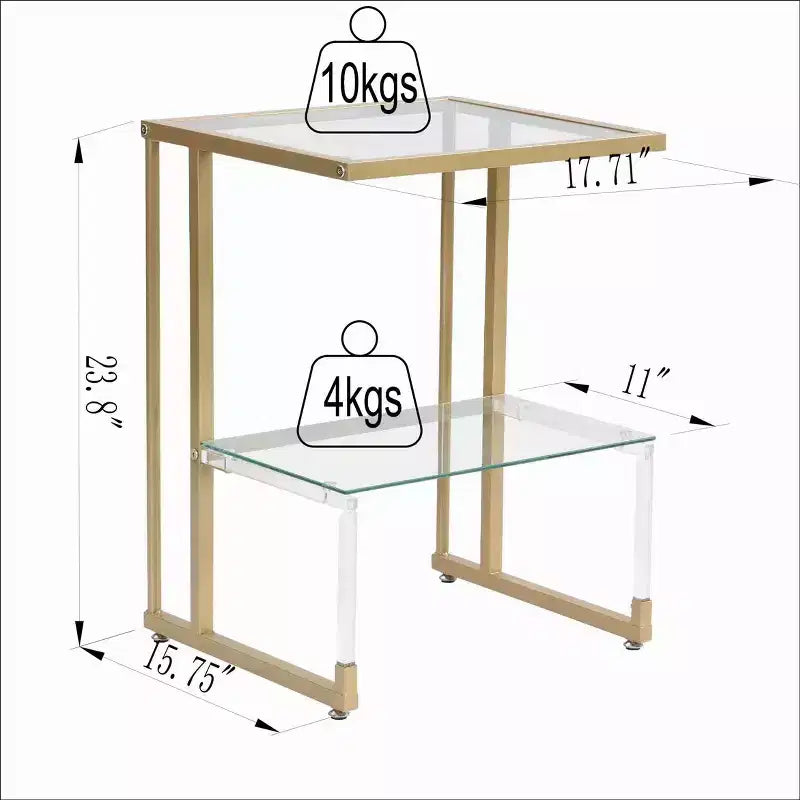 Modern C-Shape 2-Tier Side Table with Glass Tabletop and Shelf, End Table with Metal Frame, Couch Table for Living Room, Bedroom, Gold
