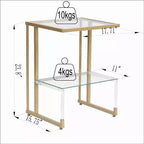 Table d'appoint moderne en C à 2 niveaux avec plateau et étagère en verre, table d'appoint avec cadre en métal, table de canapé pour salon, chambre, doré