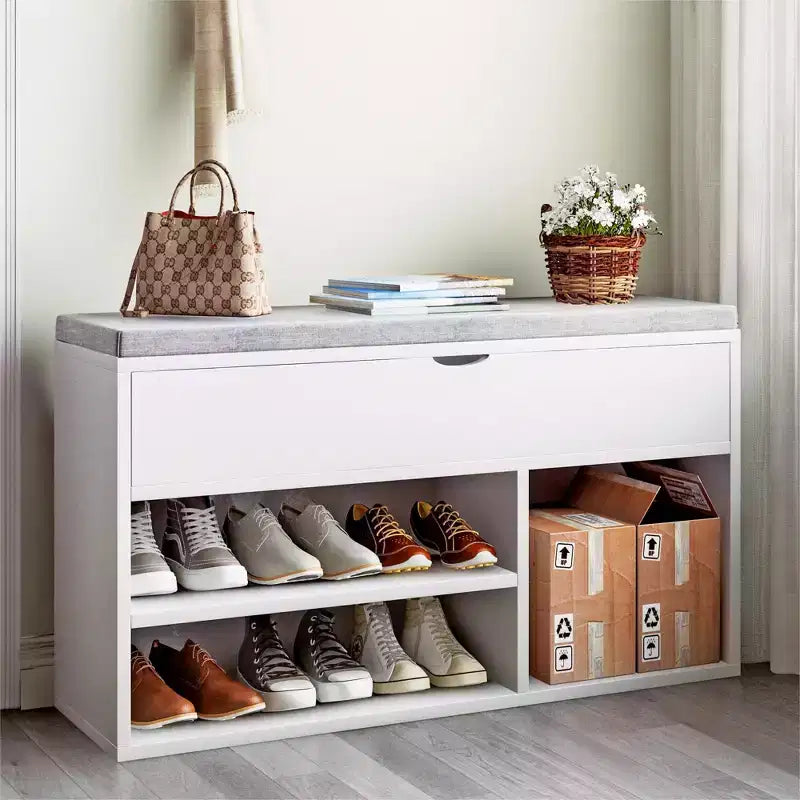 Shoe Storage Bench with Cushion, Entryway Bench with Flip-Top Storage for Hallway and Living Room