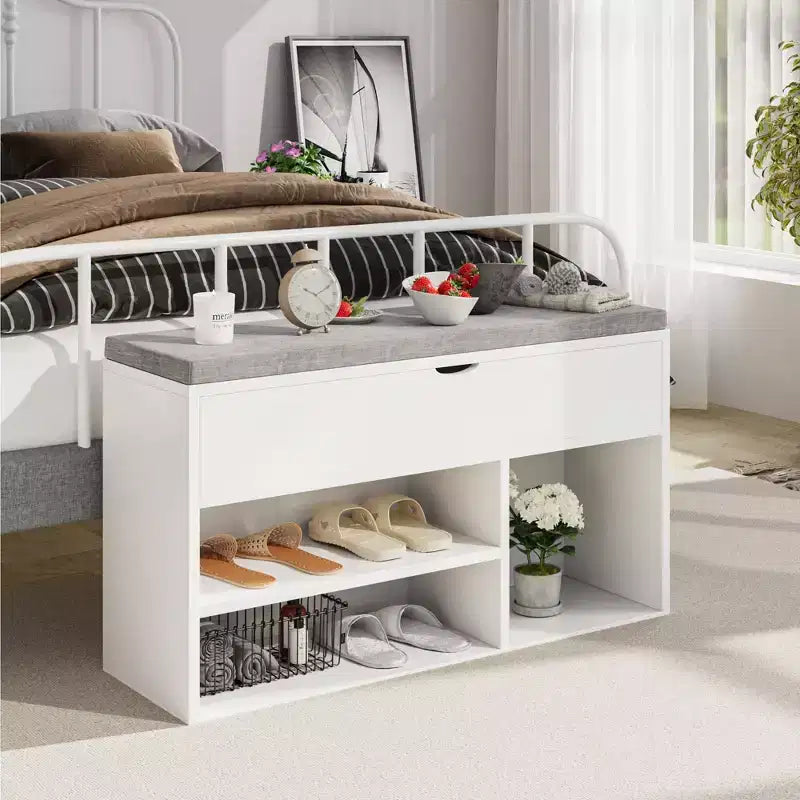 Shoe Storage Bench with Cushion, Entryway Bench with Flip-Top Storage for Hallway and Living Room