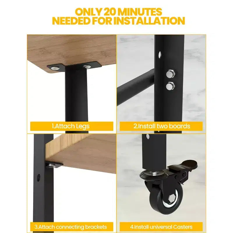 Pizza Oven Table, Outdoor Grill Table with 4 Wheels, Bamboo Wood Outdoor Bar Cart Dining Prep Table with Wine and Glasses Rack, Three-Shelf Table