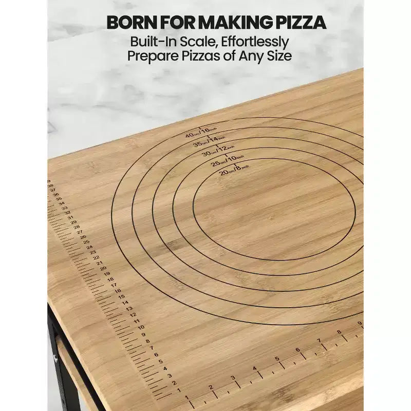 Pizza Oven Table, Outdoor Grill Table with 4 Wheels, Bamboo Wood Outdoor Bar Cart Dining Prep Table with Wine and Glasses Rack, Three-Shelf Table