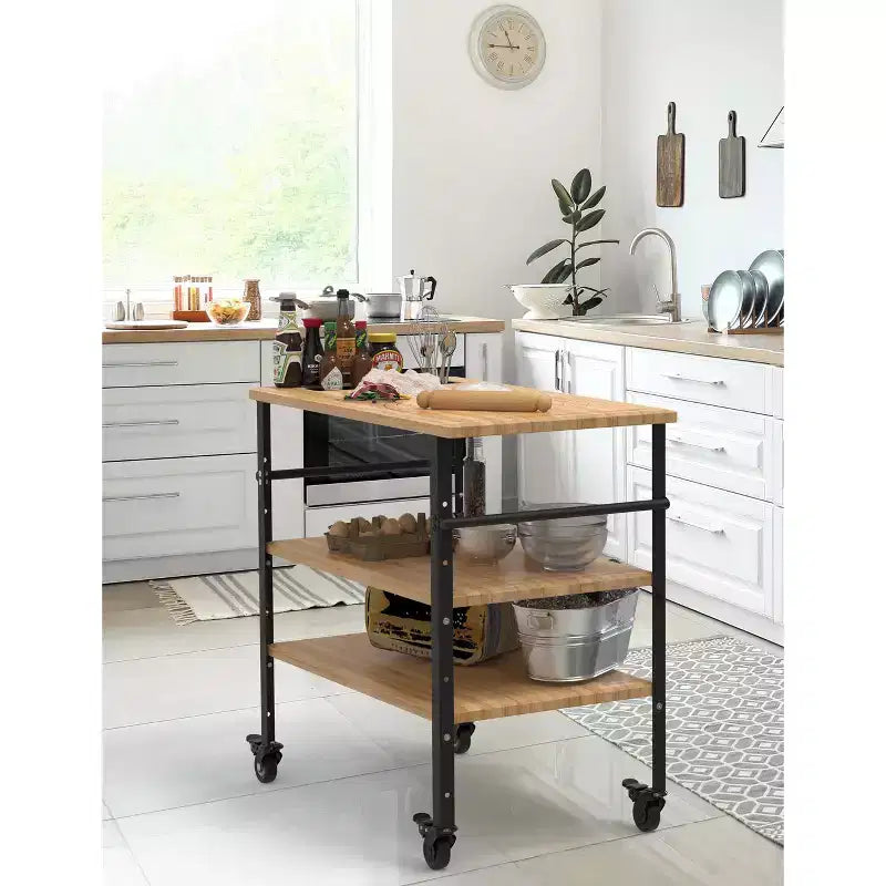 Pizza Oven Table, Outdoor Grill Table with 4 Wheels, Bamboo Wood Outdoor Bar Cart Dining Prep Table with Wine and Glasses Rack, Three-Shelf Table