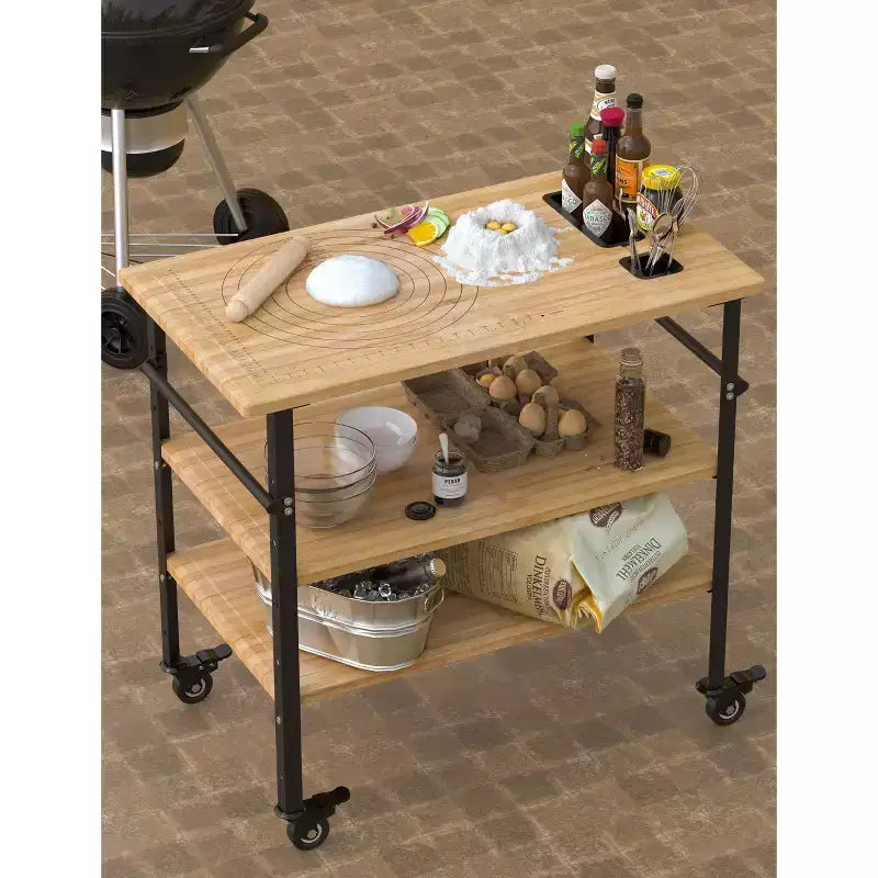 Pizza Oven Table, Outdoor Grill Table with 4 Wheels, Bamboo Wood Outdoor Bar Cart Dining Prep Table with Wine and Glasses Rack, Three-Shelf Table