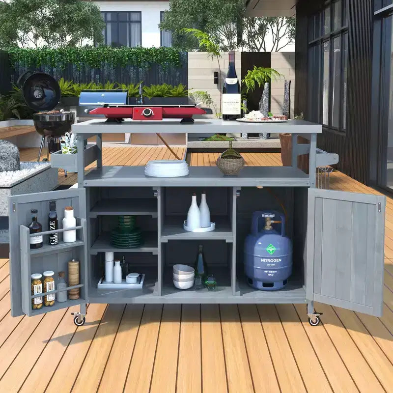 Outdoor Kitchen Island with Stainless Steel Top, Wooden Kitchen Cart with Doors, Shelves and Spice Rack, Rolling Kitchen Island