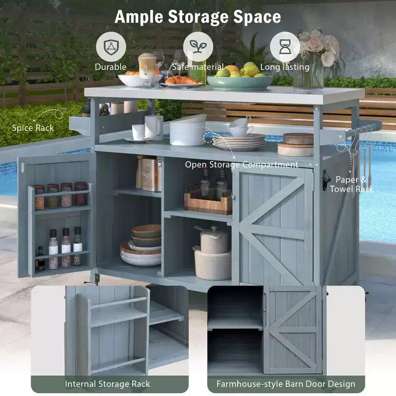 Outdoor Kitchen Island with Stainless Steel Top, Wooden Kitchen Cart with Doors, Shelves and Spice Rack, Rolling Kitchen Island