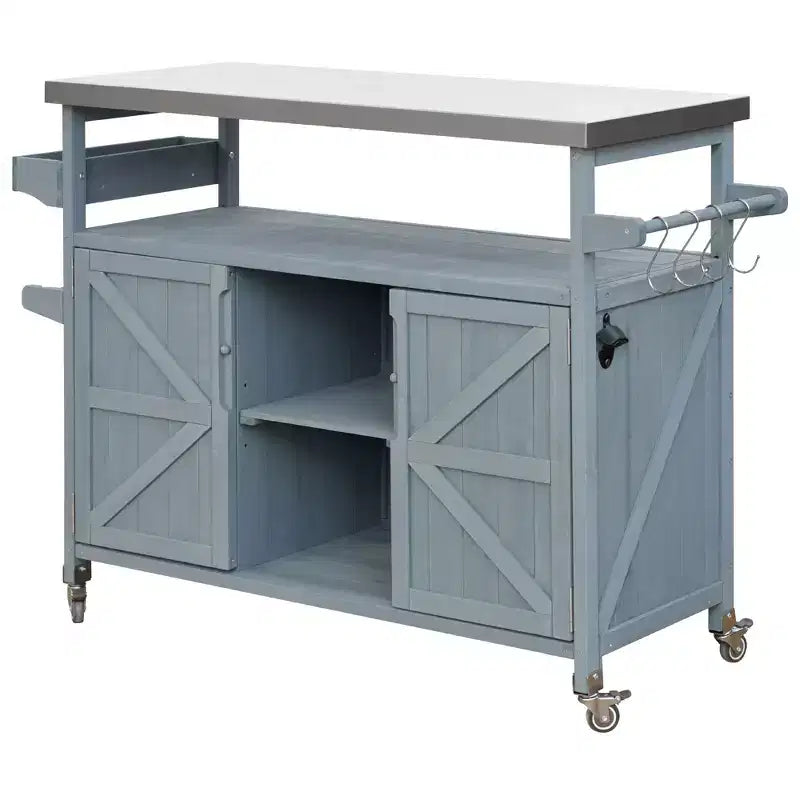 Outdoor Kitchen Island with Stainless Steel Top, Wooden Kitchen Cart with Doors, Shelves and Spice Rack, Rolling Kitchen Island