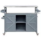 Îlot de cuisine extérieur avec plateau en acier inoxydable, chariot de cuisine en bois avec portes, étagères et porte-épices, îlot de cuisine roulant