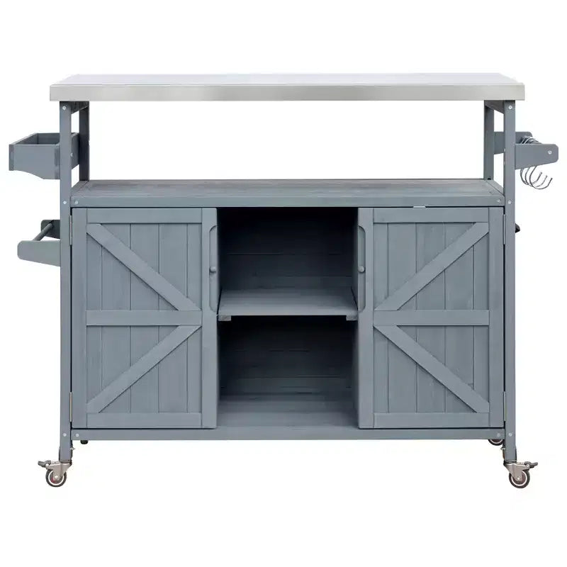 Outdoor Kitchen Island with Stainless Steel Top, Wooden Kitchen Cart with Doors, Shelves and Spice Rack, Rolling Kitchen Island