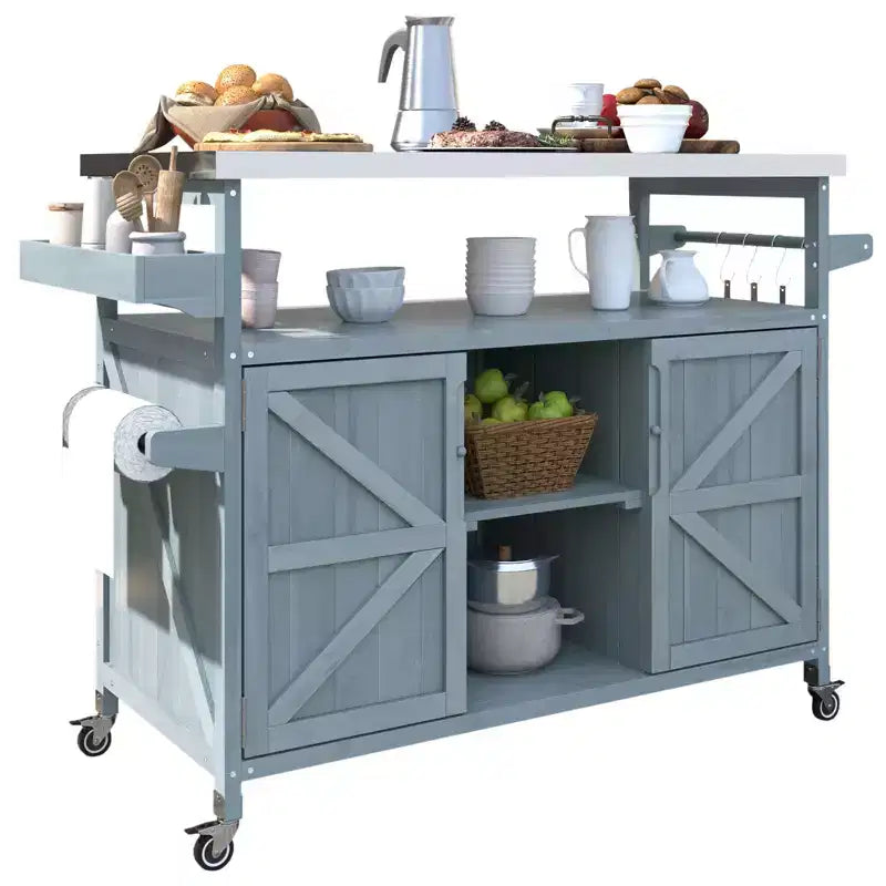 Outdoor Kitchen Island with Stainless Steel Top, Wooden Kitchen Cart with Doors, Shelves and Spice Rack, Rolling Kitchen Island