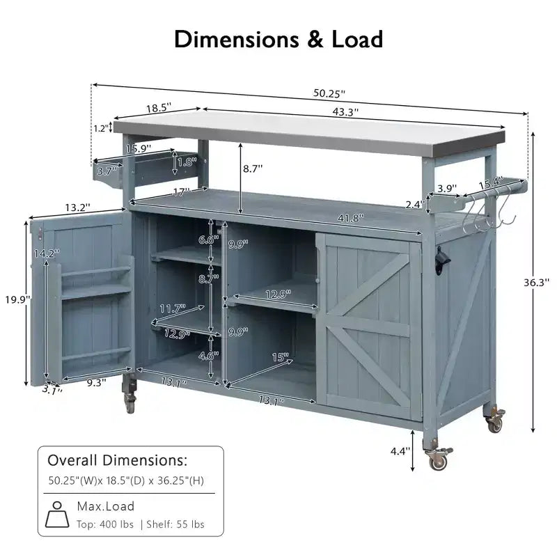 Outdoor Kitchen Island with Stainless Steel Top, Wooden Kitchen Cart with Doors, Shelves and Spice Rack, Rolling Kitchen Island