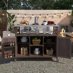 Îlot de cuisine extérieur avec plateau en acier inoxydable, chariot de cuisine en bois avec portes, étagères et porte-épices, îlot de cuisine roulant