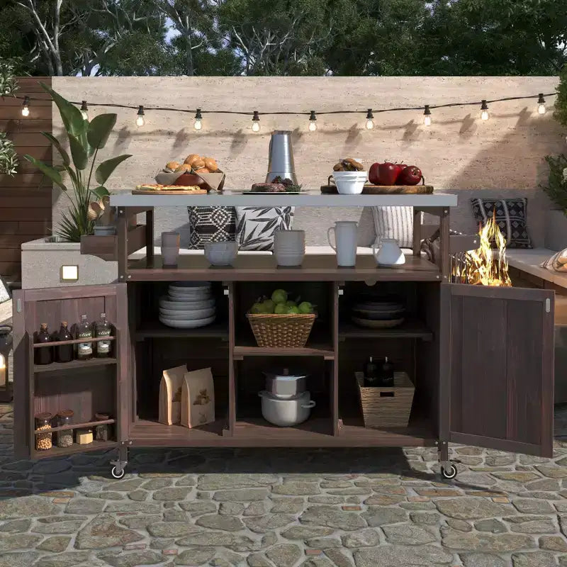Outdoor Kitchen Island with Stainless Steel Top, Wooden Kitchen Cart with Doors, Shelves and Spice Rack, Rolling Kitchen Island