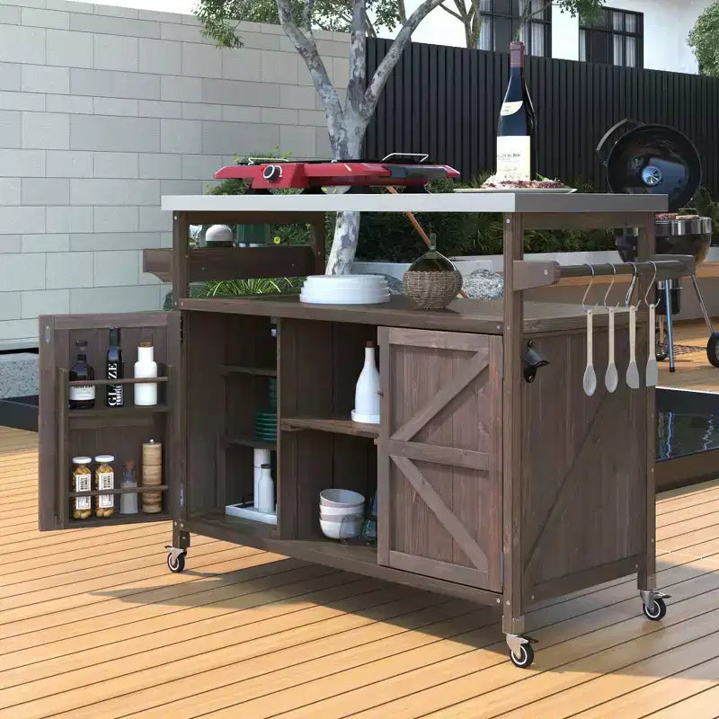 Outdoor Kitchen Island with Stainless Steel Top, Wooden Kitchen Cart with Doors, Shelves and Spice Rack, Rolling Kitchen Island