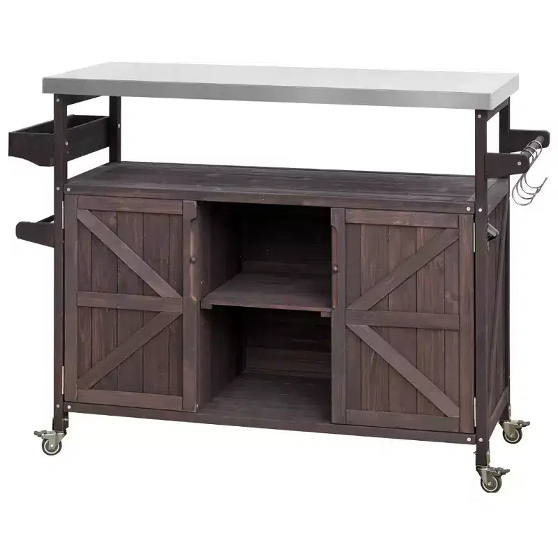 Outdoor Kitchen Island with Stainless Steel Top, Wooden Kitchen Cart with Doors, Shelves and Spice Rack, Rolling Kitchen Island