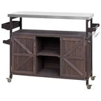 Îlot de cuisine extérieur avec plateau en acier inoxydable, chariot de cuisine en bois avec portes, étagères et porte-épices, îlot de cuisine roulant