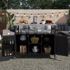 Îlot de cuisine extérieur avec plateau en acier inoxydable, chariot de cuisine en bois avec portes, étagères et porte-épices, îlot de cuisine roulant