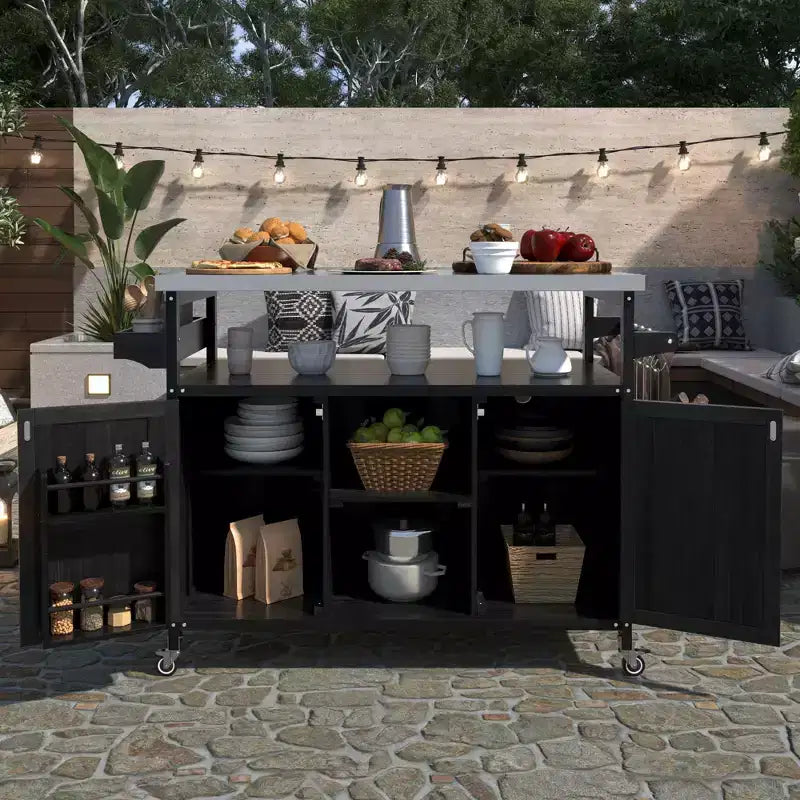 Outdoor Kitchen Island with Stainless Steel Top, Wooden Kitchen Cart with Doors, Shelves and Spice Rack, Rolling Kitchen Island