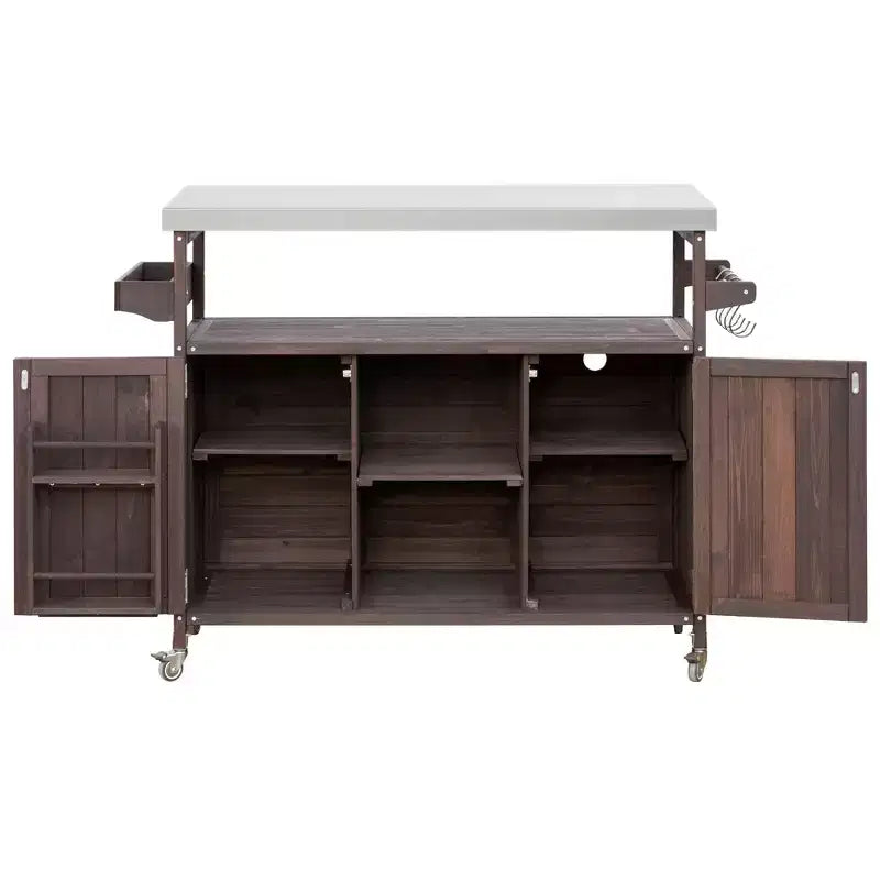 Outdoor Kitchen Island with Stainless Steel Top, Wooden Kitchen Cart with Doors, Shelves and Spice Rack, Rolling Kitchen Island