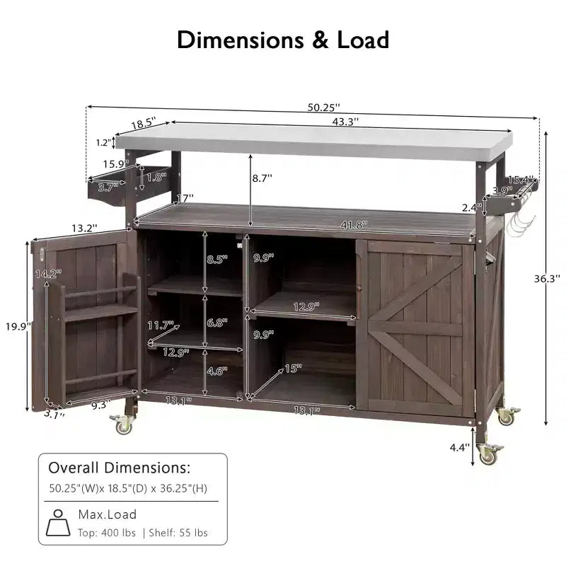 Outdoor Kitchen Island with Stainless Steel Top, Wooden Kitchen Cart with Doors, Shelves and Spice Rack, Rolling Kitchen Island