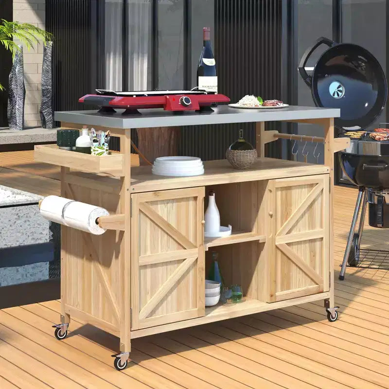 Outdoor Kitchen Island with Stainless Steel Top, Wooden Kitchen Cart with Doors, Shelves and Spice Rack, Rolling Kitchen Island