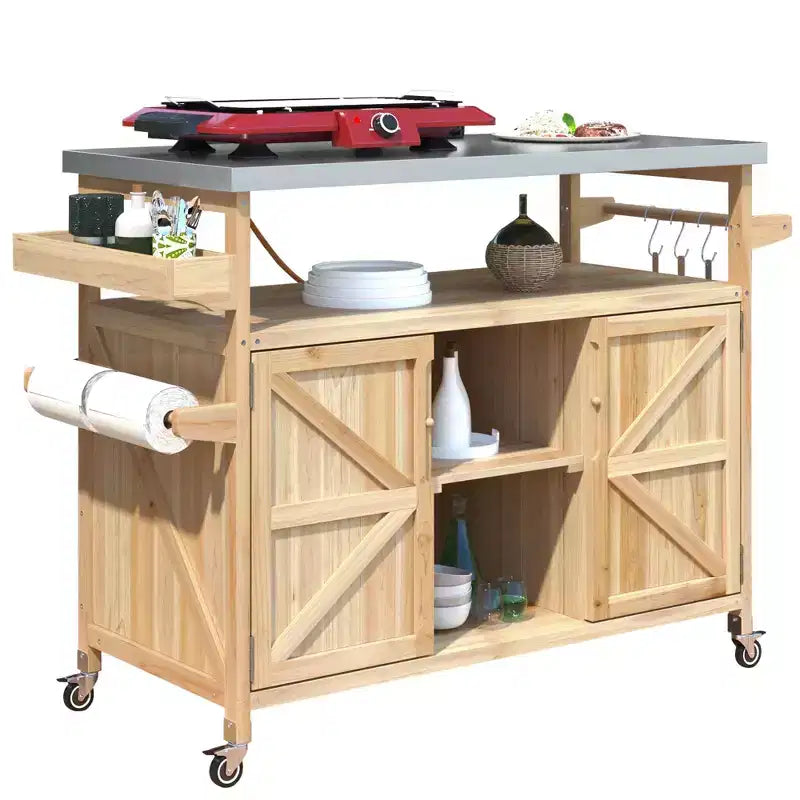 Outdoor Kitchen Island with Stainless Steel Top, Wooden Kitchen Cart with Doors, Shelves and Spice Rack, Rolling Kitchen Island