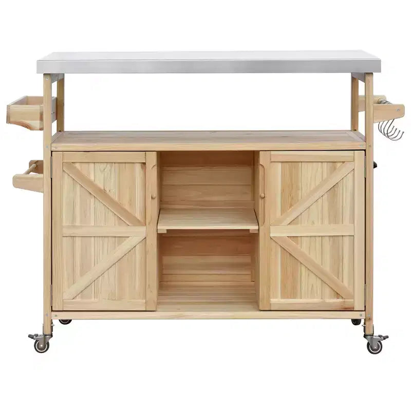 Outdoor Kitchen Island with Stainless Steel Top, Wooden Kitchen Cart with Doors, Shelves and Spice Rack, Rolling Kitchen Island