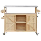 Îlot de cuisine extérieur avec plateau en acier inoxydable, chariot de cuisine en bois avec portes, étagères et porte-épices, îlot de cuisine roulant