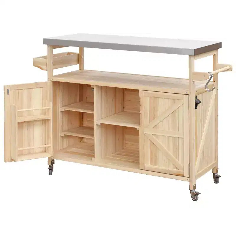 Outdoor Kitchen Island with Stainless Steel Top, Wooden Kitchen Cart with Doors, Shelves and Spice Rack, Rolling Kitchen Island