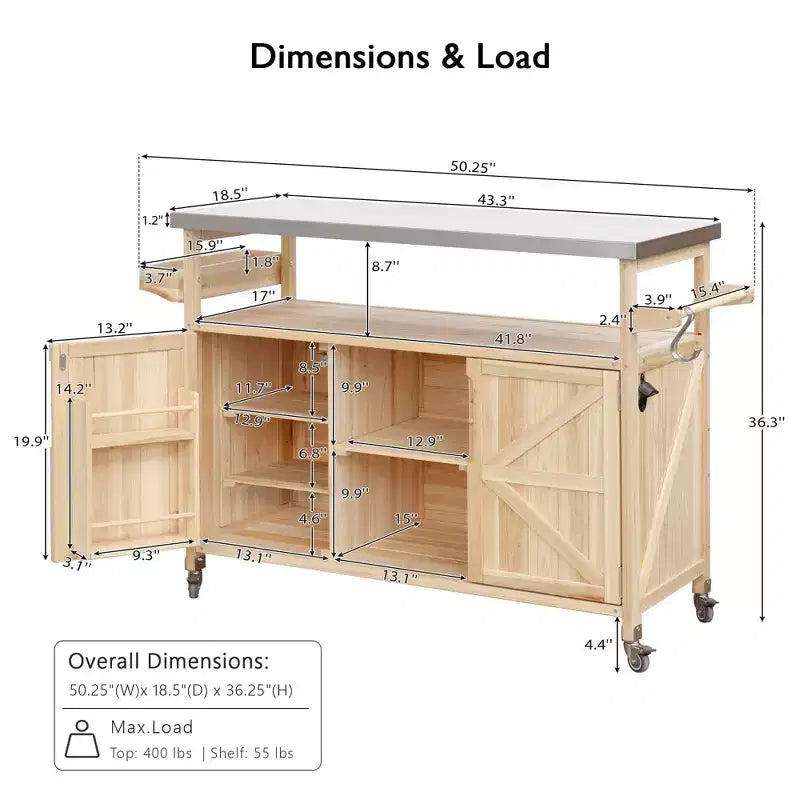 Outdoor Kitchen Island with Stainless Steel Top, Wooden Kitchen Cart with Doors, Shelves and Spice Rack, Rolling Kitchen Island