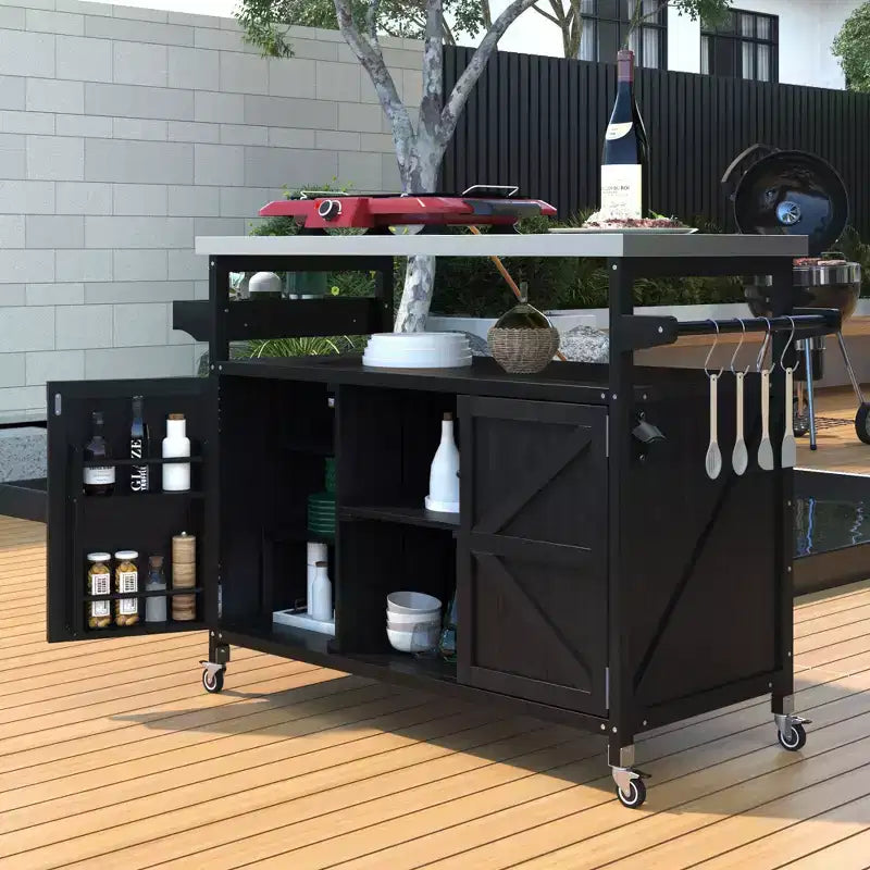Outdoor Kitchen Island with Stainless Steel Top, Wooden Kitchen Cart with Doors, Shelves and Spice Rack, Rolling Kitchen Island
