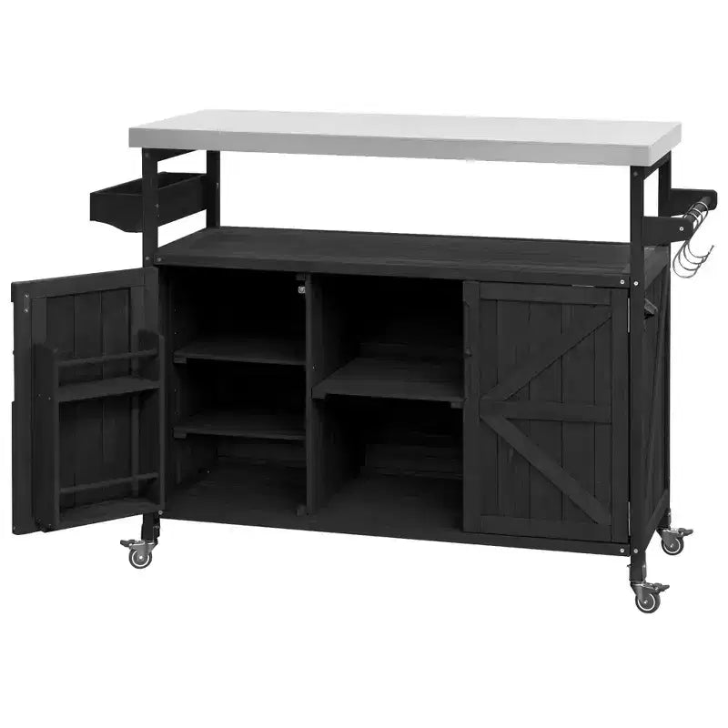 Outdoor Kitchen Island with Stainless Steel Top, Wooden Kitchen Cart with Doors, Shelves and Spice Rack, Rolling Kitchen Island