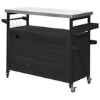 Îlot de cuisine extérieur avec plateau en acier inoxydable, chariot de cuisine en bois avec portes, étagères et porte-épices, îlot de cuisine roulant