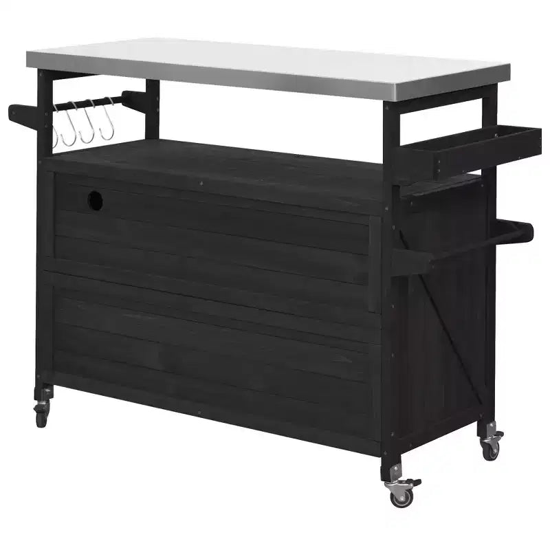 Outdoor Kitchen Island with Stainless Steel Top, Wooden Kitchen Cart with Doors, Shelves and Spice Rack, Rolling Kitchen Island