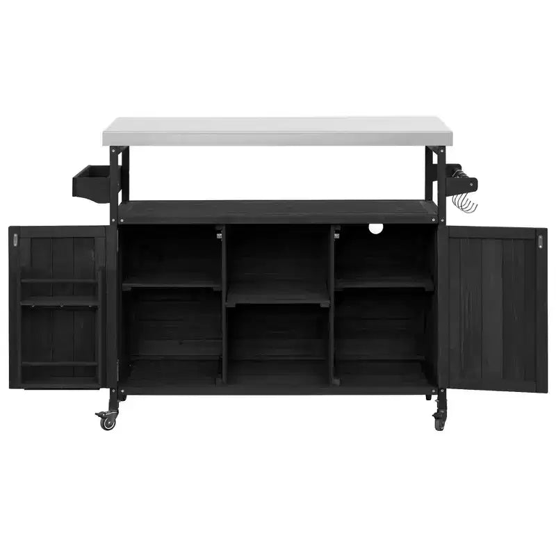 Outdoor Kitchen Island with Stainless Steel Top, Wooden Kitchen Cart with Doors, Shelves and Spice Rack, Rolling Kitchen Island