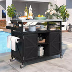 Îlot de cuisine extérieur avec plateau en acier inoxydable, chariot de cuisine en bois avec portes, étagères et porte-épices, îlot de cuisine roulant