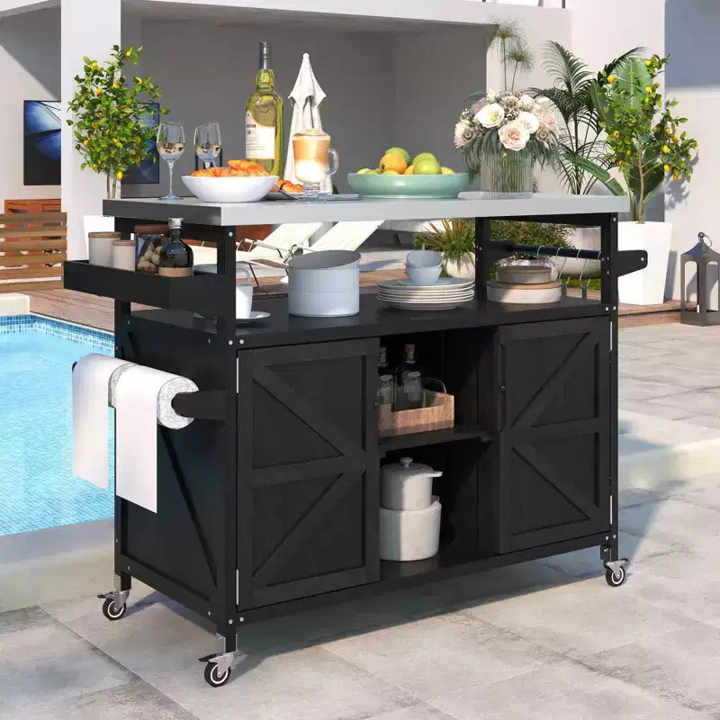Outdoor Kitchen Island with Stainless Steel Top, Wooden Kitchen Cart with Doors, Shelves and Spice Rack, Rolling Kitchen Island