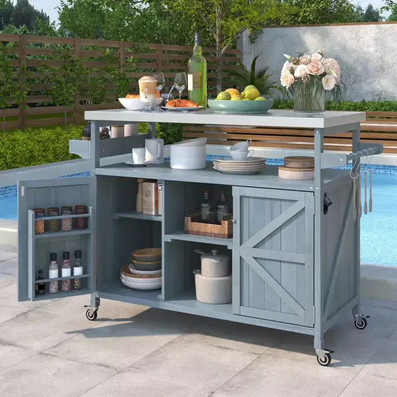 Outdoor Kitchen Island with Stainless Steel Top, Wooden Kitchen Cart with Doors, Shelves and Spice Rack, Rolling Kitchen Island