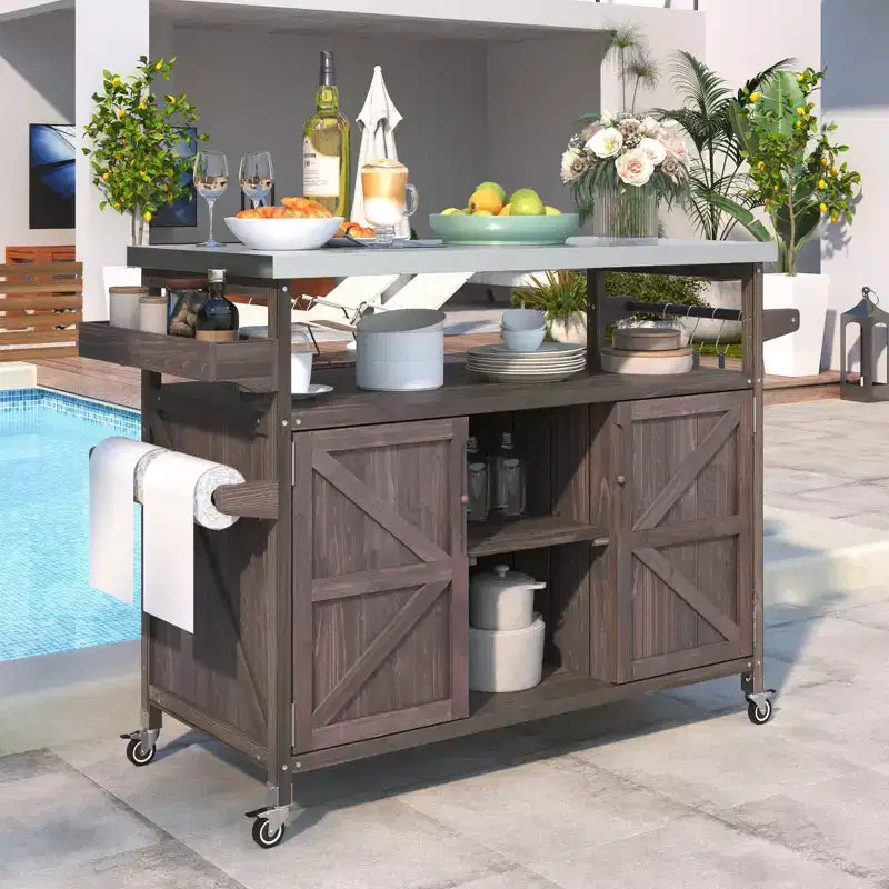Outdoor Kitchen Island with Stainless Steel Top, Wooden Kitchen Cart with Doors, Shelves and Spice Rack, Rolling Kitchen Island