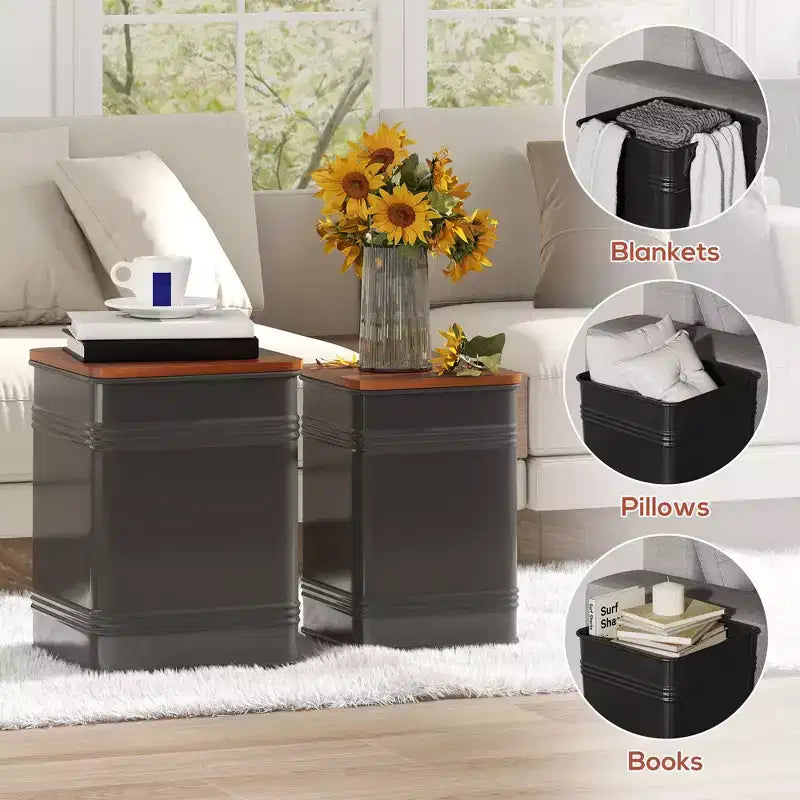Ottoman with Storage, Industrial Nesting Ottoman Stool with Removable Lid, Metal Frame for Living Room