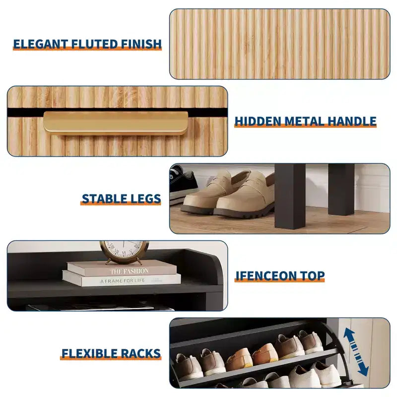 4-Drawer Flip-Top Shoe Cabinet - Vacuum-formed MDF with wave design, dual-compartment storage, ideal for balconies and storage rooms